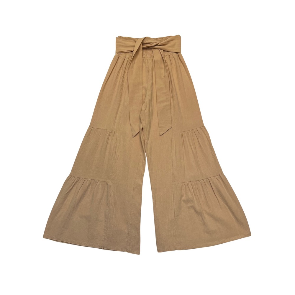 Hallelu Sandy Stroll Tan 100% Cotton Tiered Smocked Boho Wide Leg Pants NWT S